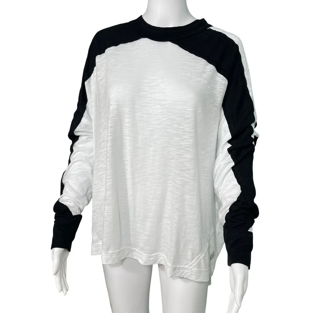 FP Movement Womens M Black White Oversized Colorblock Slub Knit Long Sleeve Top - Picture 2 of 7